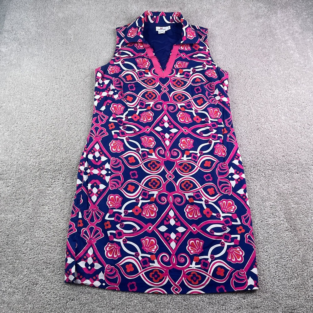 Vineyard Vines‎ Dress Womens 6 Blue Pink Geometric Shift Sleeveless Preppy